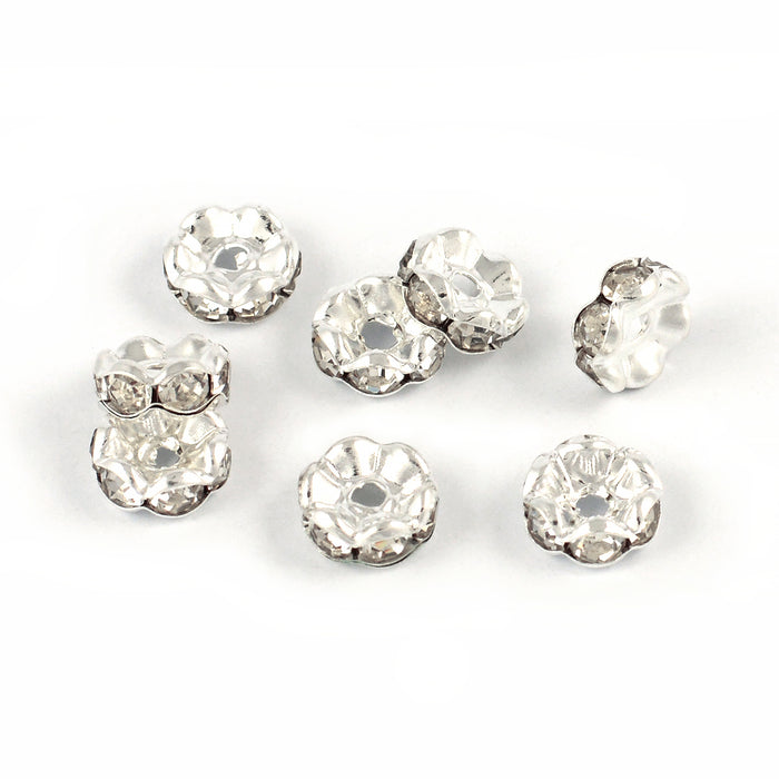Eleganta rondeller med strass, silver-vit, 8mm, 20st