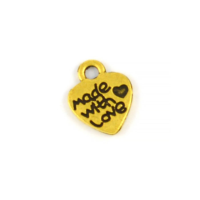 Berlock, hjärta "Made with love", antikguld, 10x12mm, 10st