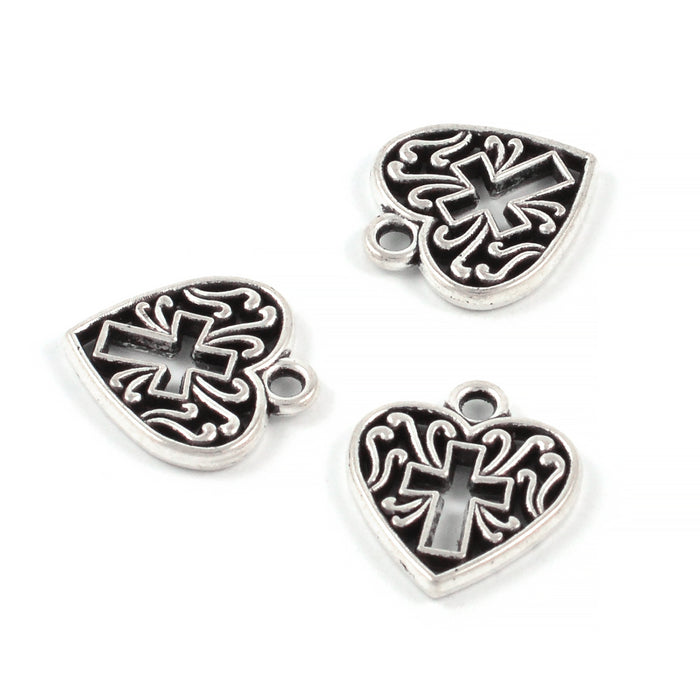 Berlock, hjärta med kors och ornament, antiksilver, 14mm, 5st