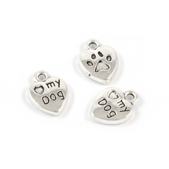 Berlock, hjärta "love my dog", antiksilver, 10mm, 10st