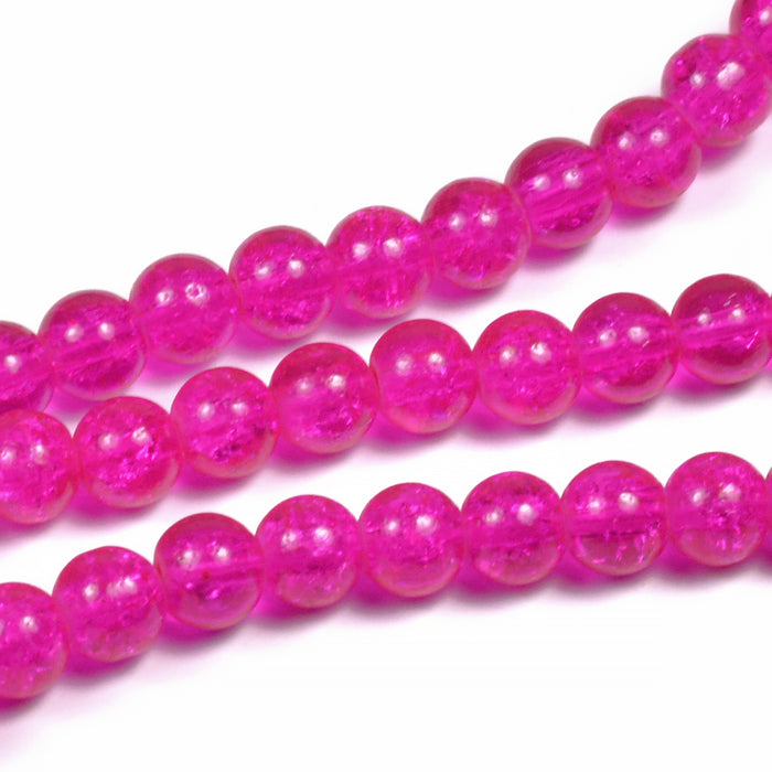 Krackelerade glaspärlor, fuchsia, 6mm