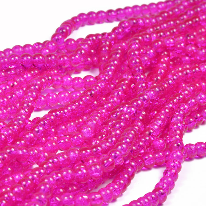 Krackelerade glaspärlor, fuchsia, 6mm