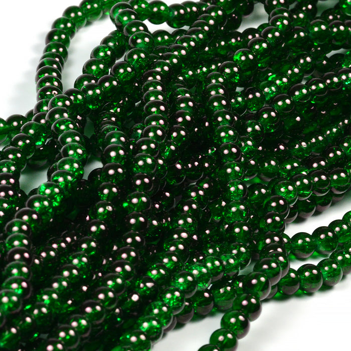 Krackelerade glaspärlor, mörkgrön, 6mm
