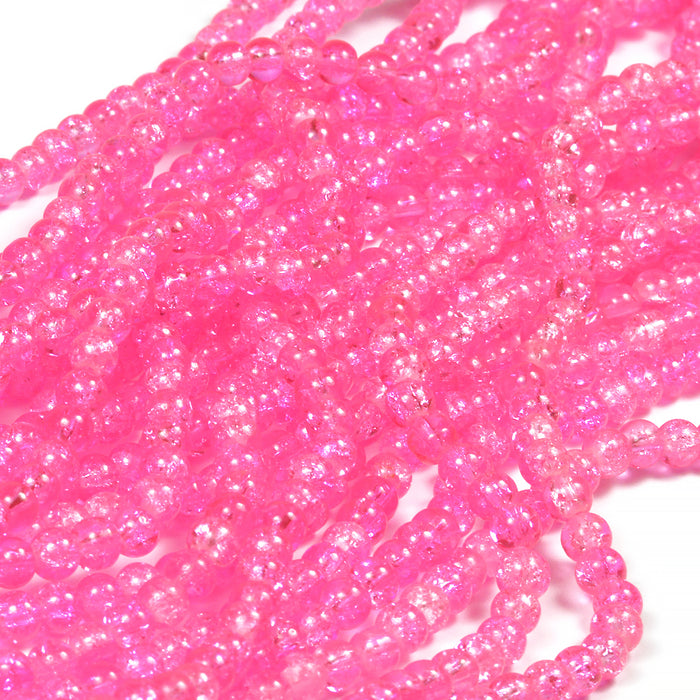 Krackelerade glaspärlor, knallrosa, 6mm