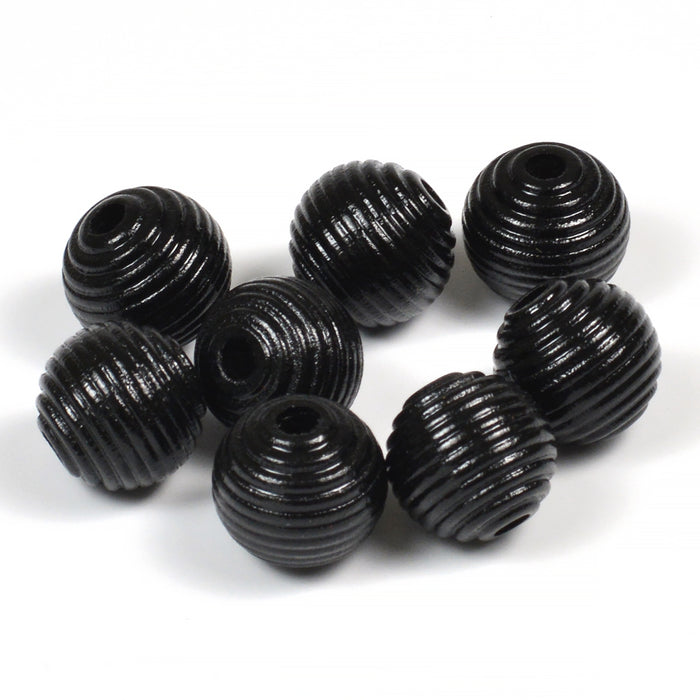 Räfflade träpärlor, 14mm, svart, 16st