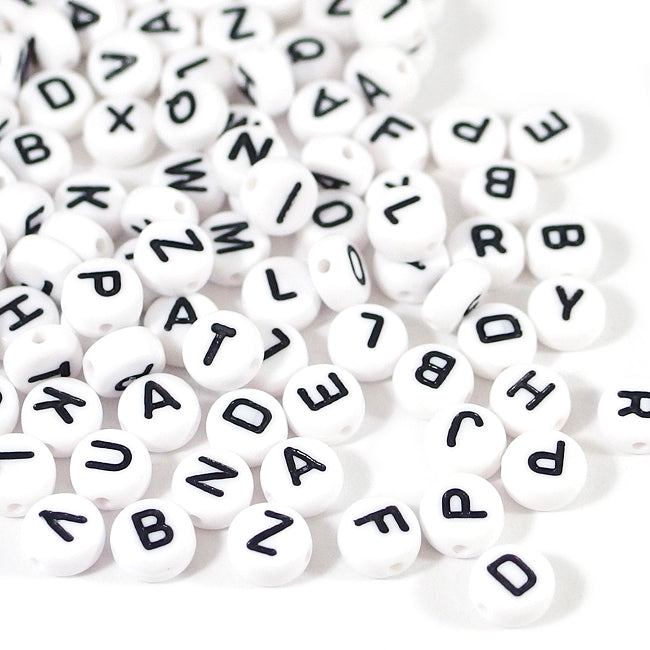 White, round letter beads, mixed