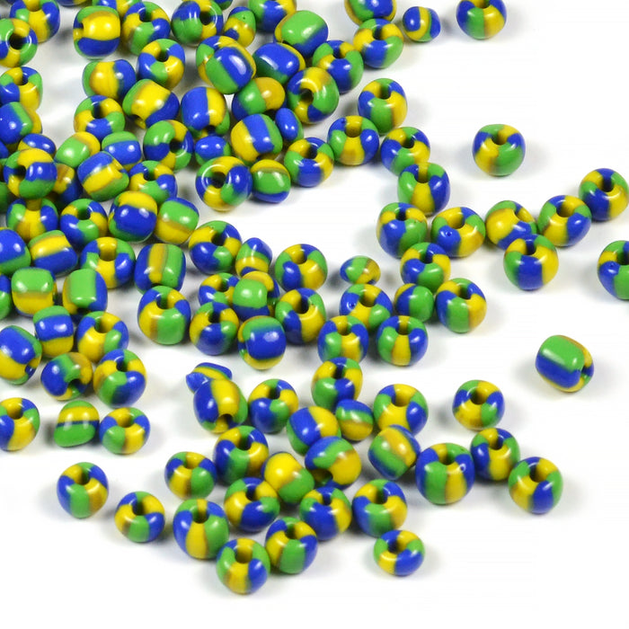 Seed Beads, 4mm, trefärgad gul-grön-marinblå, 30g