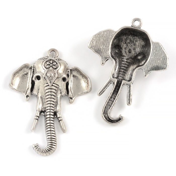 Charm, elephant head, antique silver, 34x41mm, 2pcs