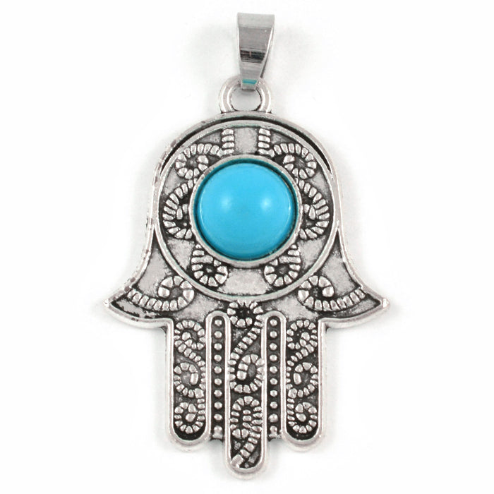 Charm, Hamsa's hand with turquoise pearl, antique silver, 29x37mm, 1pc