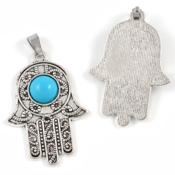 Charm, Hamsa's hand with turquoise pearl, antique silver, 29x37mm, 1pc