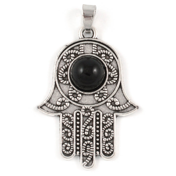 Charm, Hamsa's hand with black pearl, antique silver, 29x37mm, 1pc