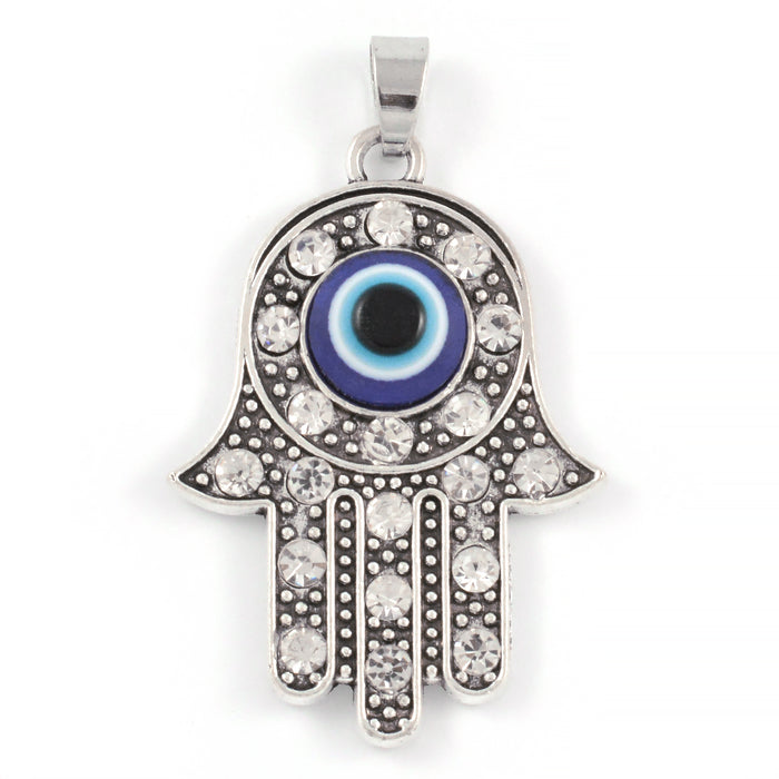 Charm, Hamsa's hand with rhinestones and evil eye, antique silver, 29x37mm, 1pc