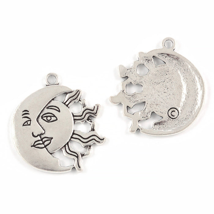 Charm, moon and sun, antique silver, 27x26mm, 2pcs
