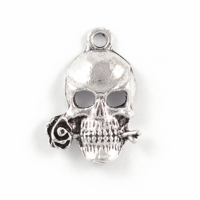 Charm, skull with rose, antique silver, 16x20mm, 5pcs