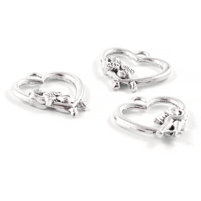 Charm, angel in heart, antique silver, 18x17mm, 5pcs