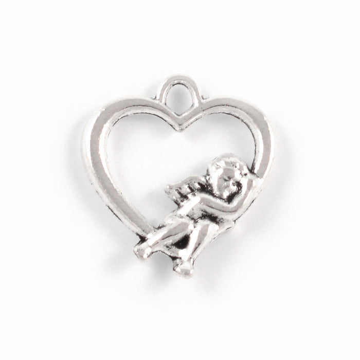 Charm, angel in heart, antique silver, 18x17mm, 5pcs