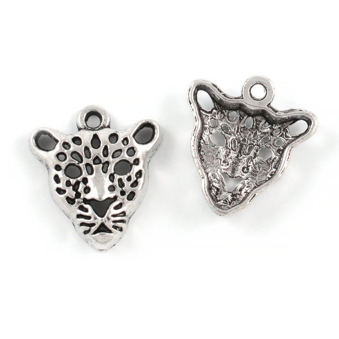 Charm, leopard head, antique silver, 18mm, 3pcs