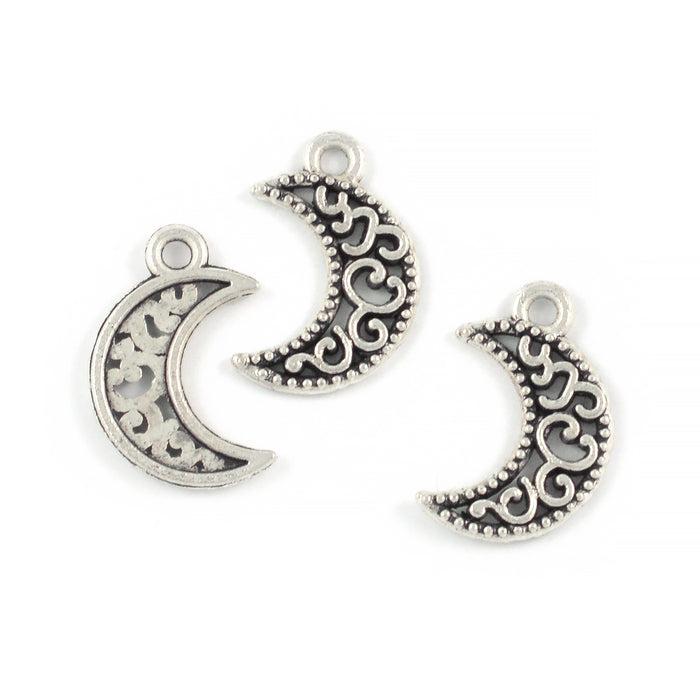 Sjarm, måne med ornamenter, antikk sølv, 12x15mm, 10stk