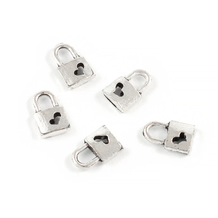 Charm, lock with heart, antique silver, 7x10mm, 10pcs
