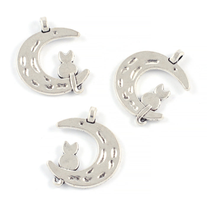 Charm, half moon with cat, antique silver, 18mm, 5pcs