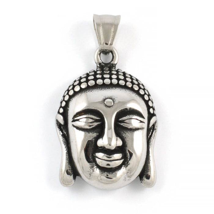 Large charm / pendant, Buddha head, stainless steel, 24x29mm, 1pc