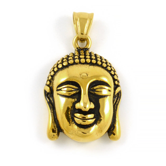 Stor sjarm/anheng, Buddha-hode, rustfritt stål i gull, 24x29mm, 1stk