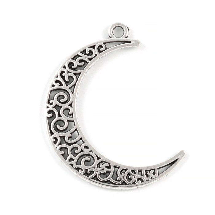 Sjarm, stor halvmåne med ornamenter, antikk sølv, 30x37mm, 2stk
