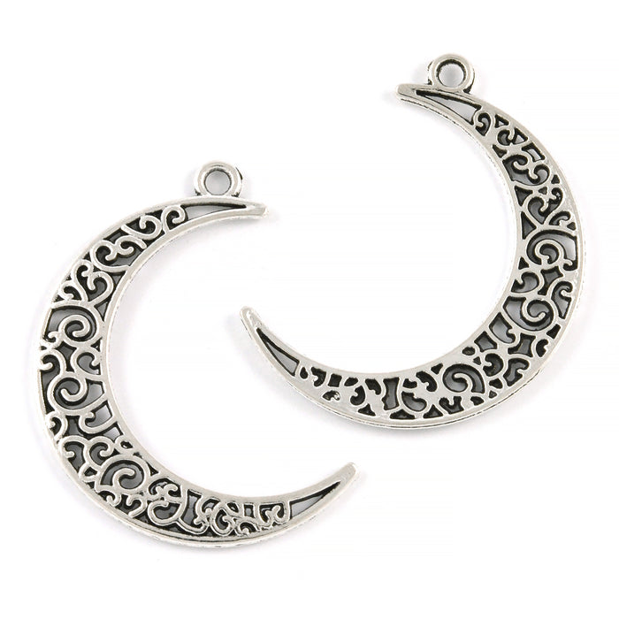 Charm, large crescent moon with ornaments, antique silver, 30x37mm, 2pcs