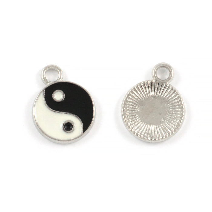 Charm "Yin and Yang", platinum/black-white, 12mm, 2pcs