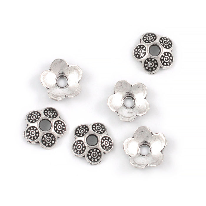 Perlehetter, blomst med sirkler, antikk sølv, 8mm, 20stk
