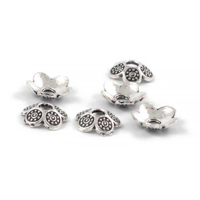 Perlehetter, blomst med sirkler, antikk sølv, 8mm, 20stk