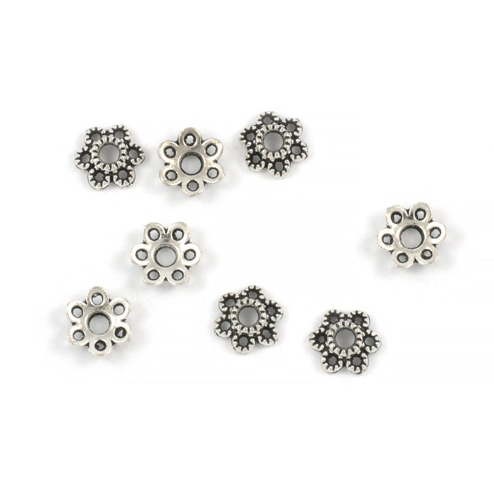 Perlehetter, liten blomst, antikk sølv, 5,5 mm, 20 stk