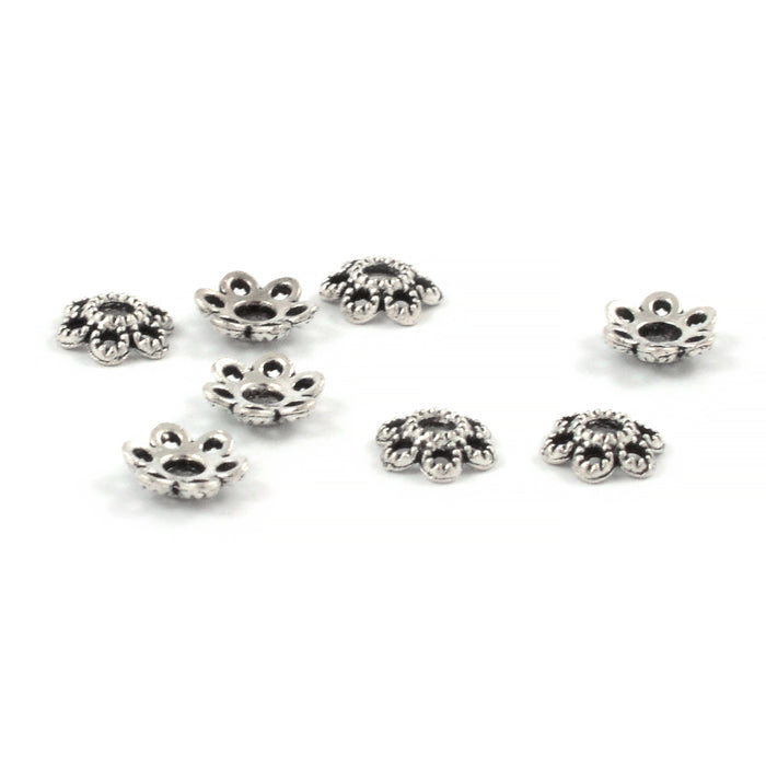 Pearl caps, small flower, antique silver, 5.5mm, 20pcs