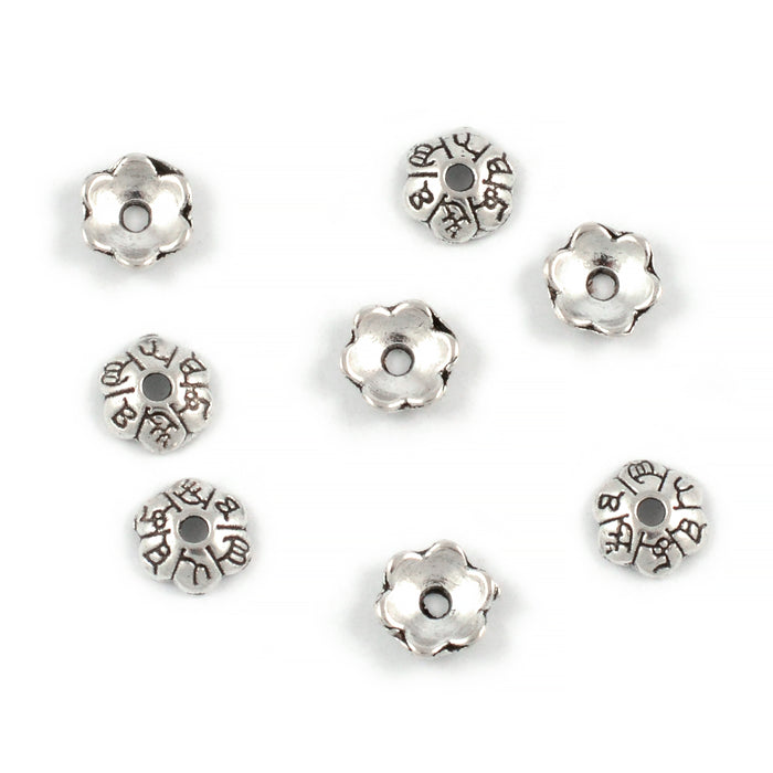 Perlehetter, blomst med symboler, antikk sølv, 6mm, 30stk