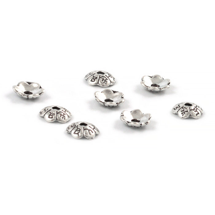 Pearl caps, flower with symbols, antique silver, 6mm, 30pcs