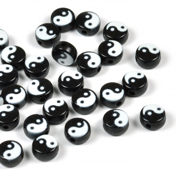 Black beads with "Yin and Yang", 50 pcs