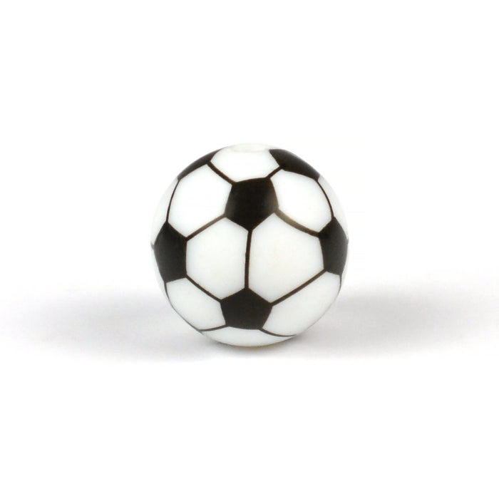 Rund silikonpärla, print fotboll, svart, 15mm