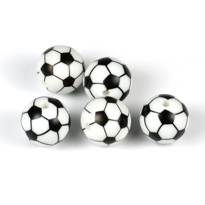 Rund silikonpärla, print fotboll, svart, 15mm
