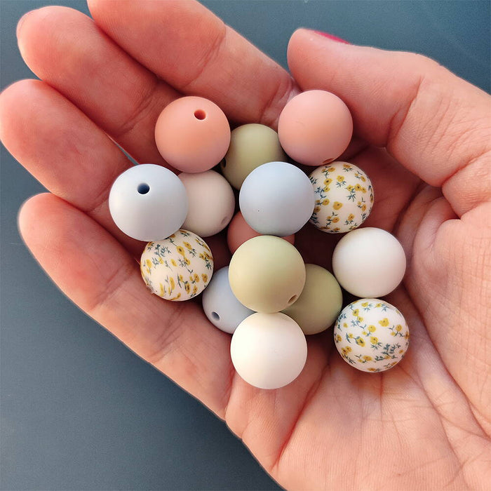 Set of silicone beads, "floral print", 15mm, 15-pack