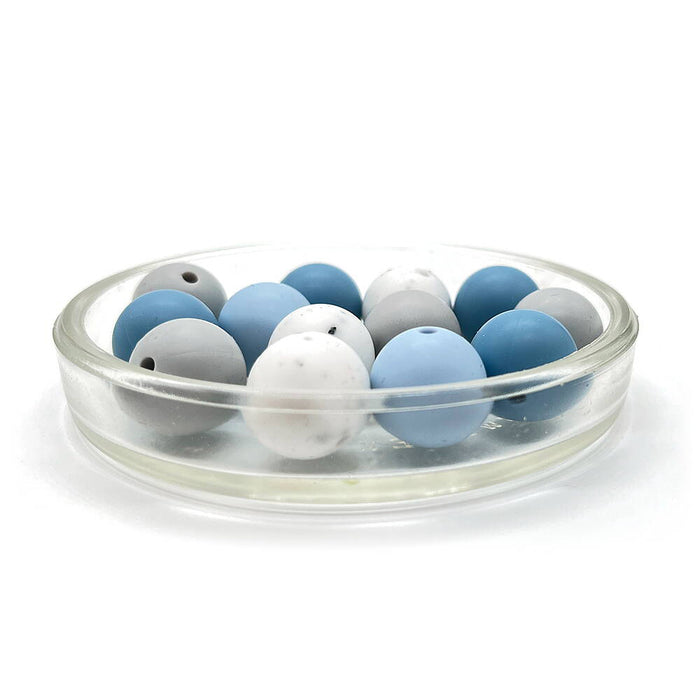Sett med silikonperler, "blå/grå/granitt", 15 mm, 15-pakning