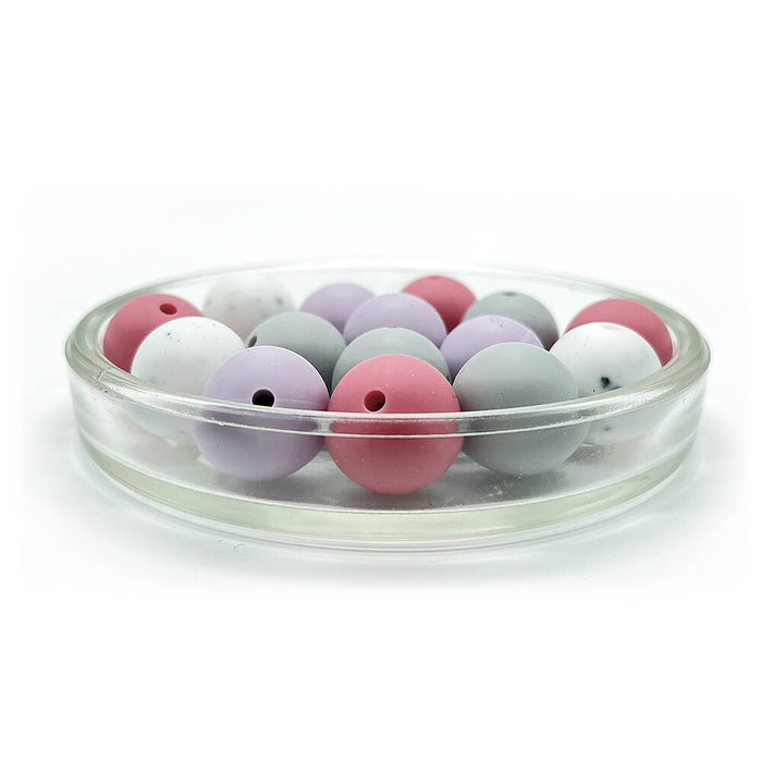Set of silicone beads, "mauve/lavender/granite", 15mm, 15-pack