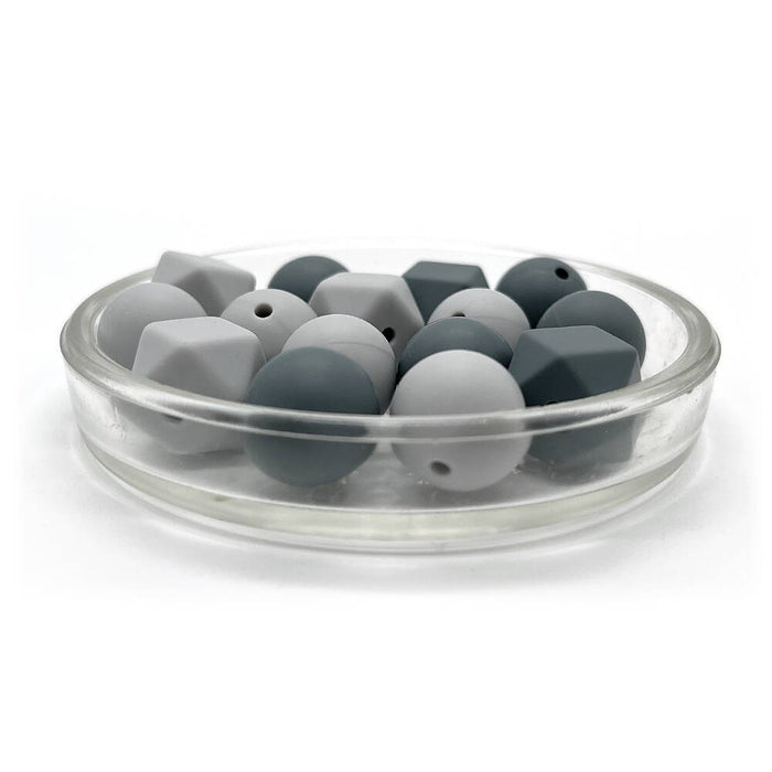 Set med silikonpärlor, "grå mix", 15-pack