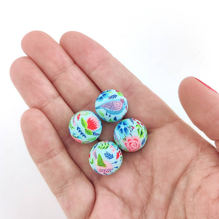 Silicone beads, birds and flowers, 15mm