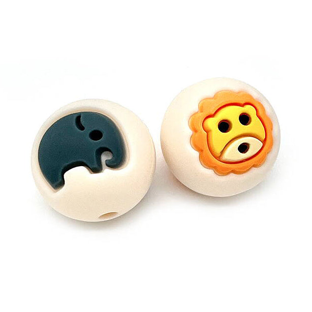 Silicone bead with lion or elephant, 15mm