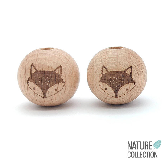 Wooden beads with engraved fox, 20mm, 2-pack