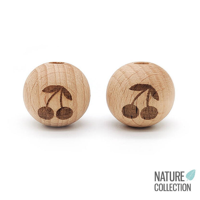 Wooden beads with engraved cherries, 20mm, 2-pack