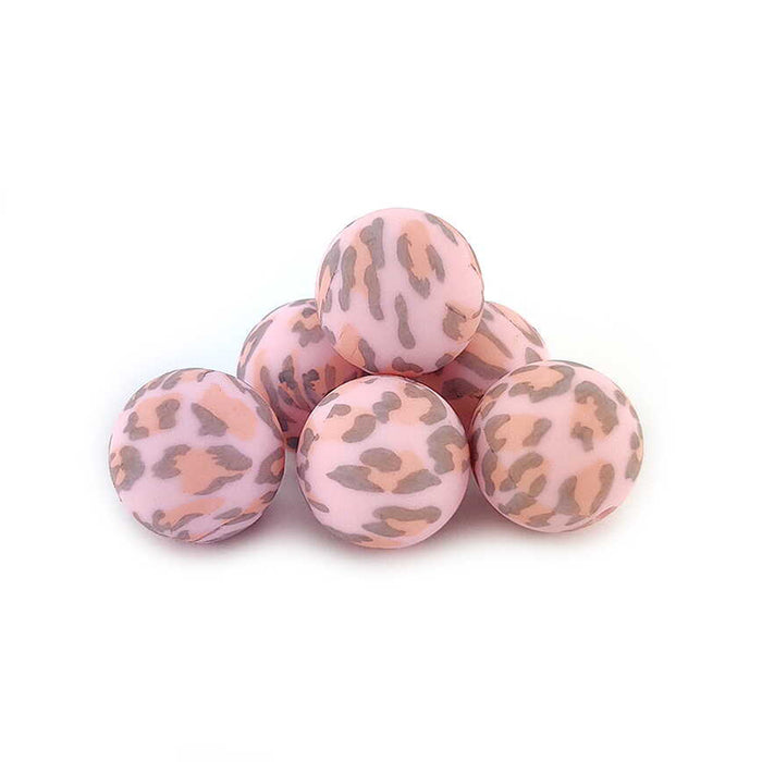 Silicone beads, pink leopard, 15mm