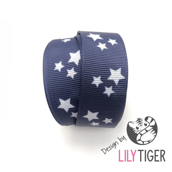 Navy blue ribbon with stars, 22mm