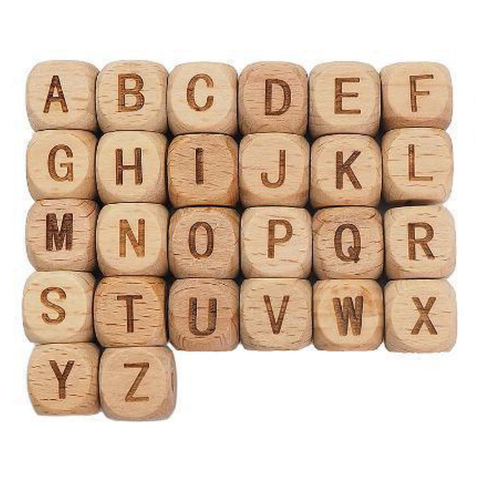 Engraved wooden letter beads, 12mm, cube, A–Z