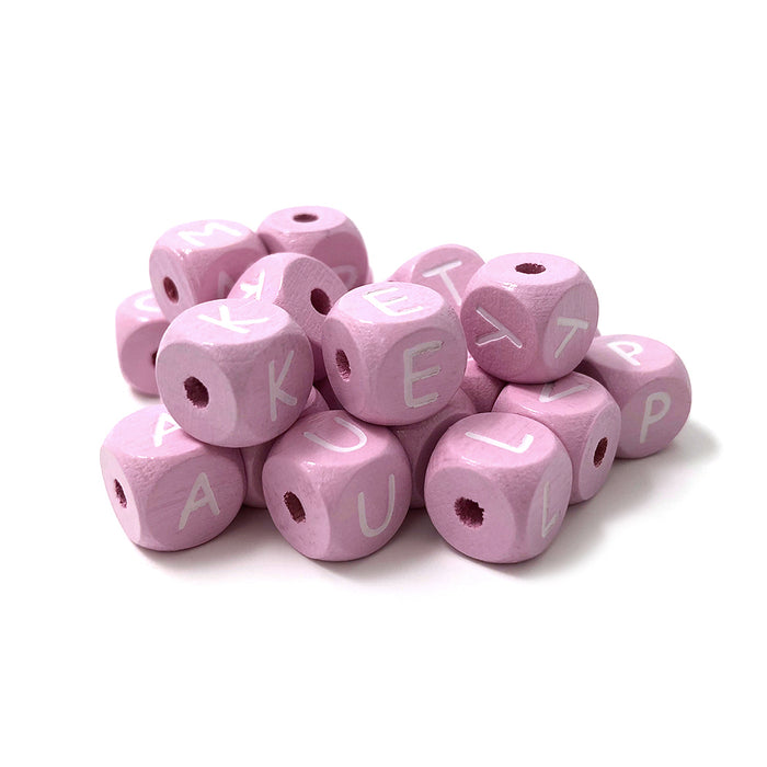 Light pink wooden letter beads, 10mm, cubes, A–Z